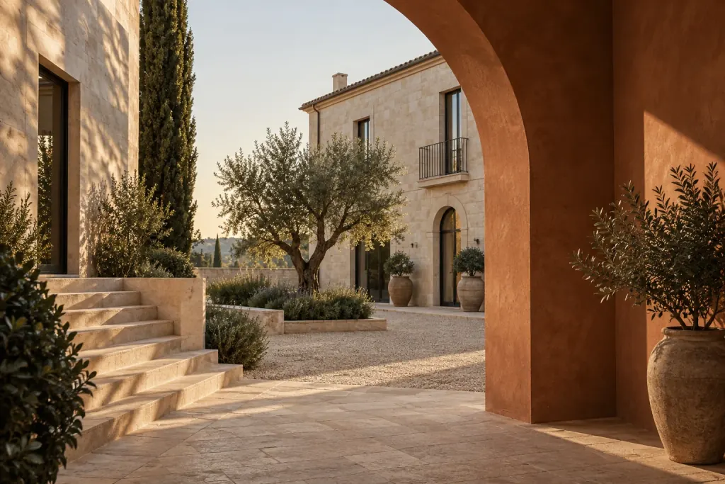 Un arco in terracotta si apre su un cortile luminoso e un’abitazione contemporanea